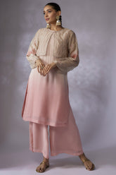 Beige pink ombre organza embroidered jacket suit set